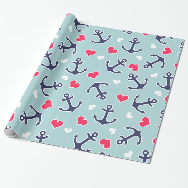 Nautical Anchors and Hearts Pattern Wrapping Paper (Unrolled)