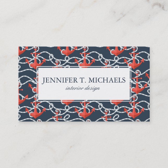 Nautical Anchors And Rope Pattern Business Card (Front)