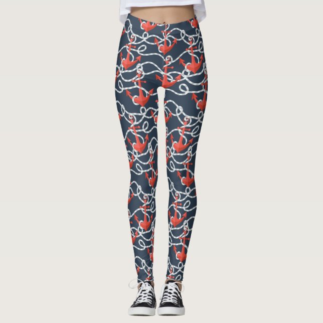 Nautical Anchors And Rope Pattern Leggings (Front)