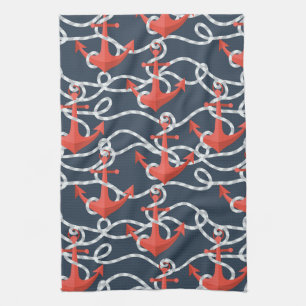 Nautical Anchors And Rope Pattern Tea Towel