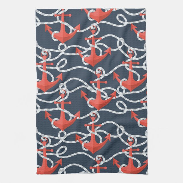 Nautical Anchors And Rope Pattern Tea Towel (Vertical)