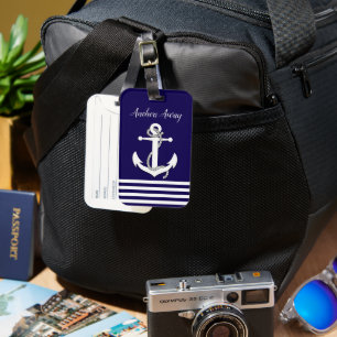Nautical anchors away/sailboat/navy blue luggage tag