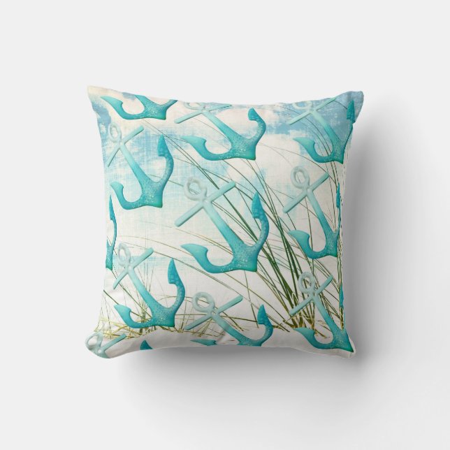 Nautical Anchors Beach Ocean Coastal Pillow (Front)