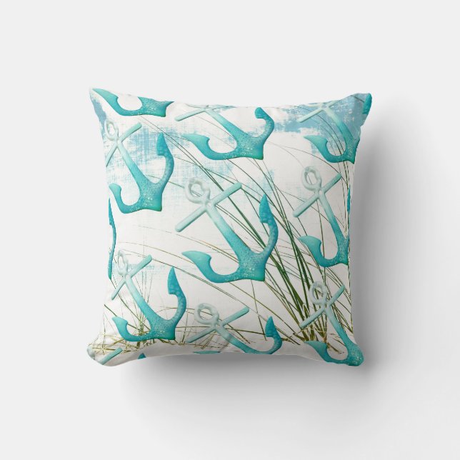 Nautical Anchors Beach Ocean Seaside Coastal Theme Cushion (Front)