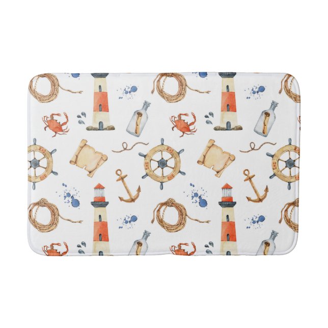 Nautical Anchors Crabs Ocean Watercolor Kids Bath Mat (Front)