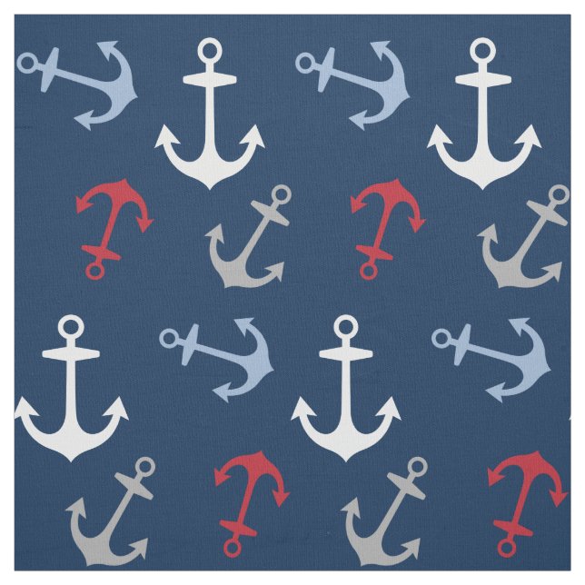 Nautical Anchors Pattern | Red White Navy Blue Fabric (Swatch)