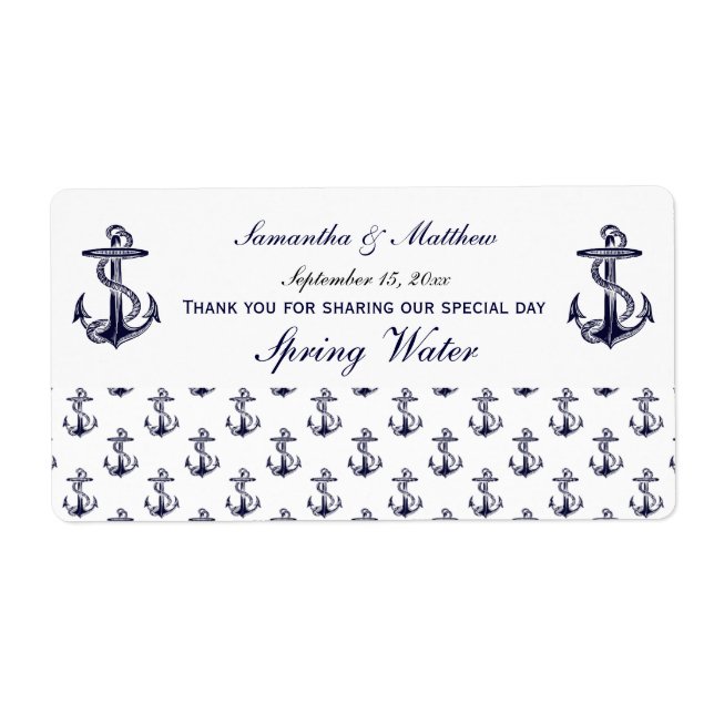 Nautical Anchors Pattern Water Bottle Label (Front)