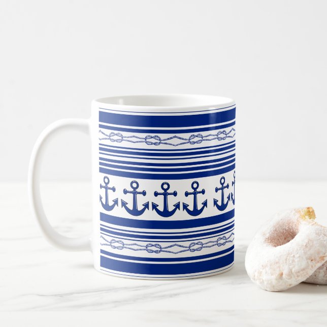 Nautical Anchors Ropes And Stripes Coffee Mug (With Donut)