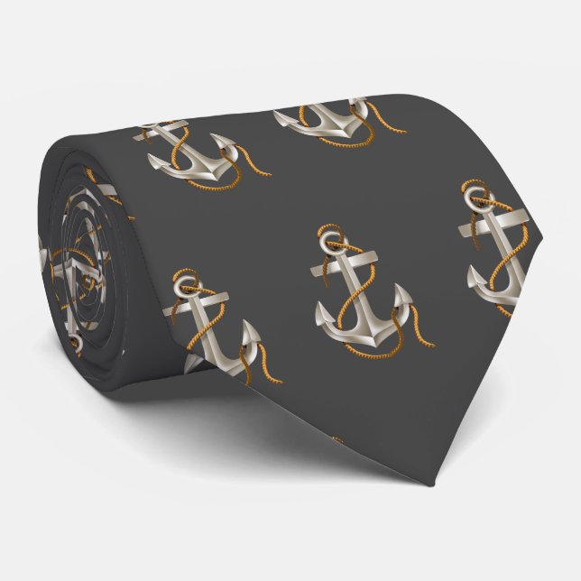 Nautical Anchors with Rope on Grey Tie (Rolled)