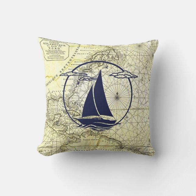 Nautical ancient map/sailboat/silhouette/navy blue cushion (Front)
