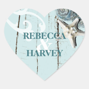 nautical aqua blue beach seashell wedding heart sticker