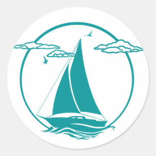 Nautical aqua blue silhouette anchor/sailboat classic round sticker