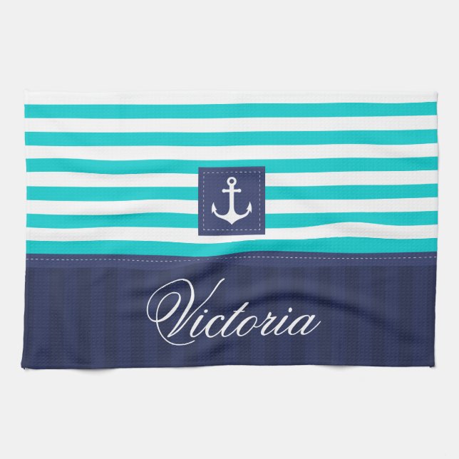 Nautical Aqua Blue Stripes Anchor Personalised Tea Towel (Horizontal)
