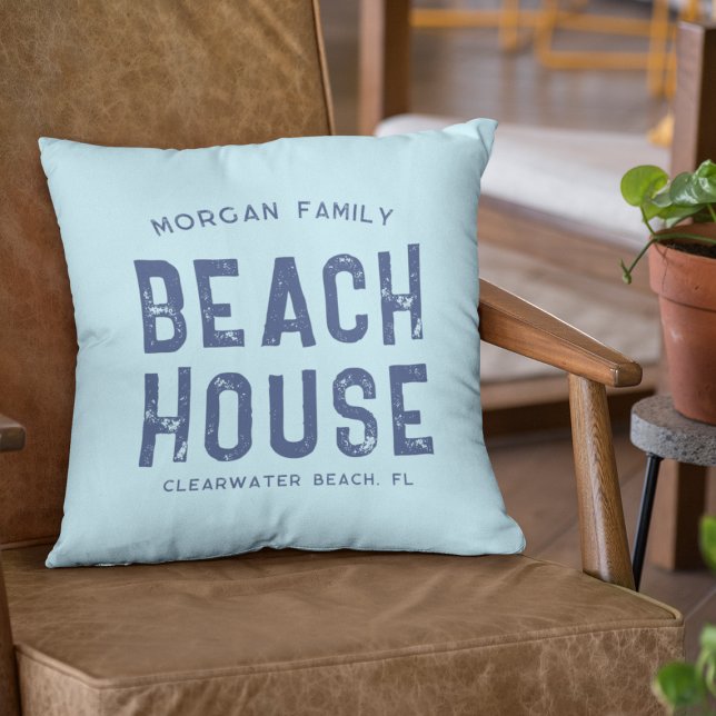 Nautical Aqua Blue & White Beach House Family Name Cushion (Creator Uploaded)