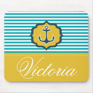 Nautical Aqua Blue Yellow Stripes Anchor Custom Mouse Pad