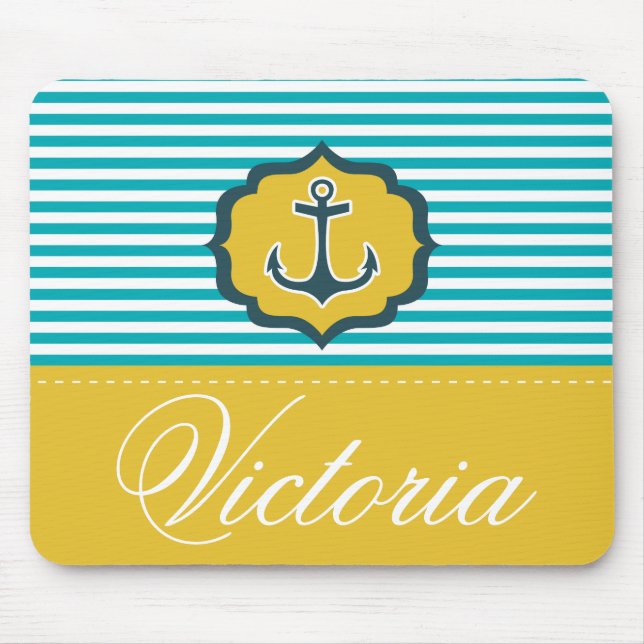 Nautical Aqua Blue Yellow Stripes Anchor Custom Mouse Pad (Front)