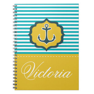 Nautical Aqua Blue Yellow Stripes Anchor Custom Spiral Notebook