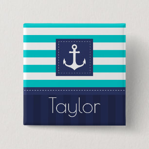 Nautical Aqua Navy Stripes Personalised Name 15 Cm Square Badge