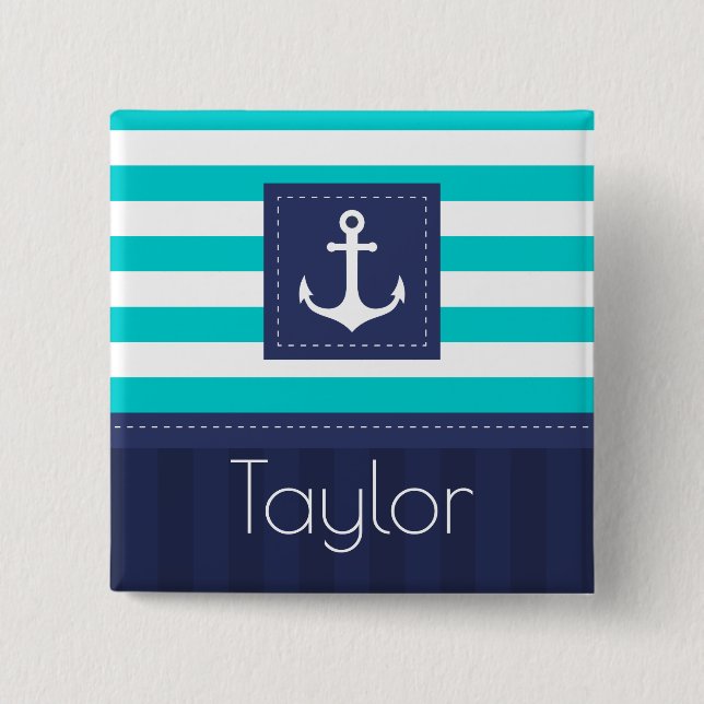 Nautical Aqua Navy Stripes Personalised Name 15 Cm Square Badge (Front)