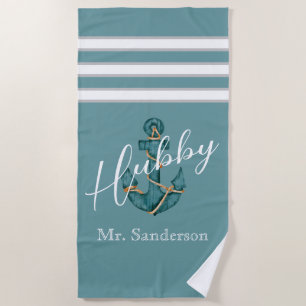Nautical Aqua Teal Blue Anchor Hubby Honeymoon   Beach Towel