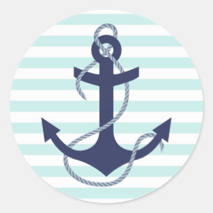 Nautical Aqua & White Stripes Navy Blue Anchor Classic Round Sticker
