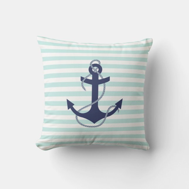 Nautical Aqua & White Stripes Navy Blue Anchor Cushion (Front)