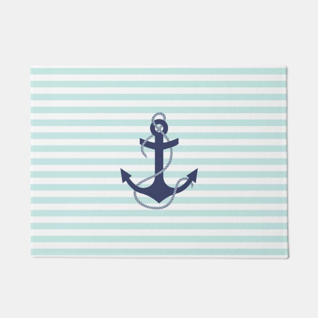 Nautical Aqua & White Stripes Navy Blue Anchor Doormat (Front)