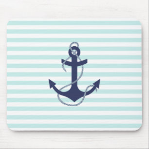 Nautical Aqua & White Stripes Navy Blue Anchor Mouse Pad