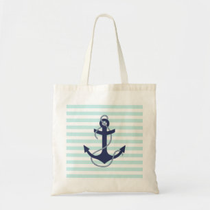 Nautical Aqua & White Stripes Navy Blue Anchor Tote Bag