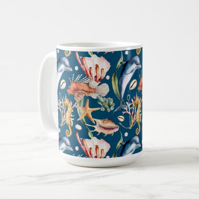 Nautical Aquatic Life Pattern / Blue Coffee Mug (Front Left)