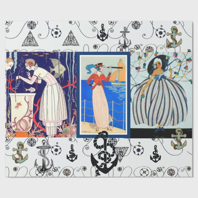 NAUTICAL ART DECO BEAUTY FASHION WITH ANCHORS WRAPPING PAPER (Flat)
