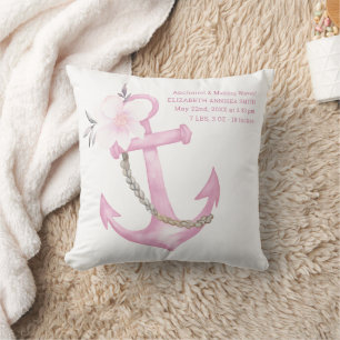 Nautical Baby Birth Stats Pillow   Pink Watercolor