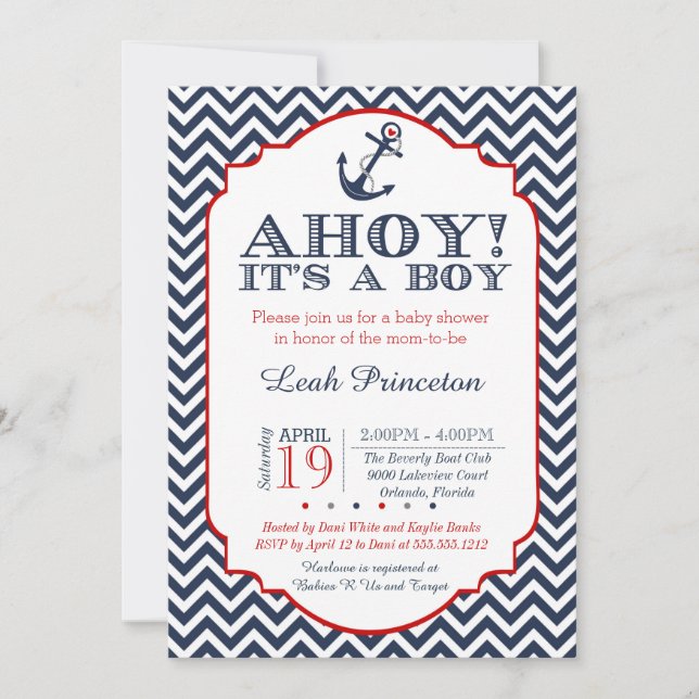 Nautical Baby Boy Shower Invitation, Chevron Invitation (Front)