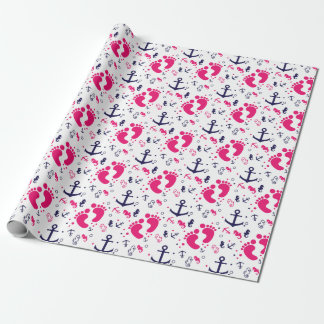 Nautical baby girl pink, navy blue wrapping paper