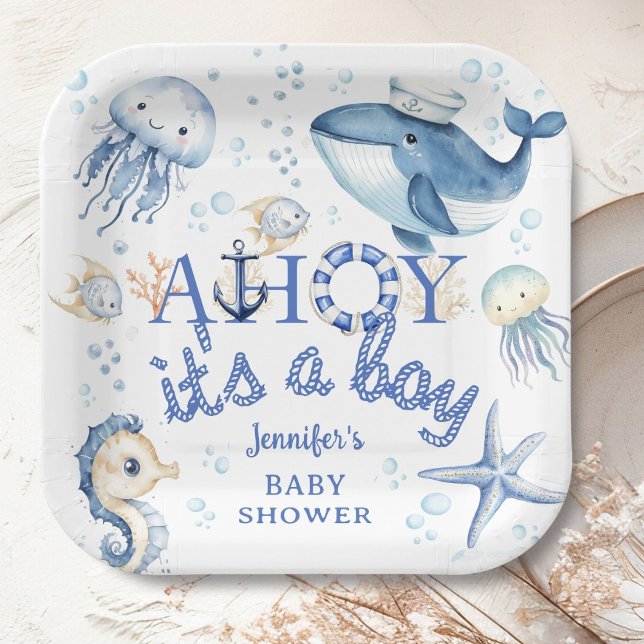 Nautical Baby Shower Ahoy it's A Boy Navy Blue  Paper Plate (Creator Uploaded)