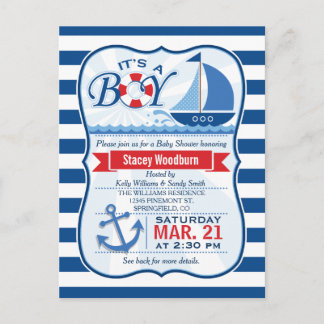 Nautical Baby Shower; Blue & White Stripes Invitation Postcard