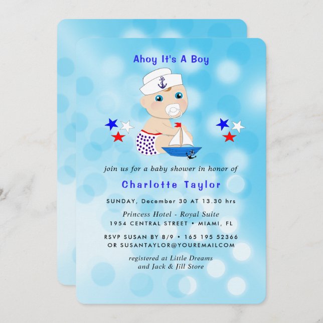 Nautical Baby Shower Boy Sailor Cute Blue Invitation (Front/Back)