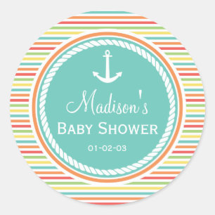 Nautical Baby Shower, Bright Rainbow Stripes Classic Round Sticker