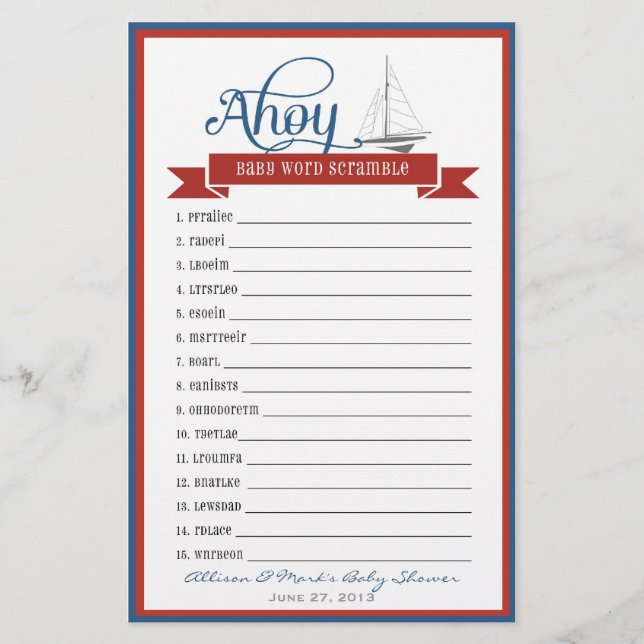 Nautical Baby Shower Game - Baby Word Scramble (Front)