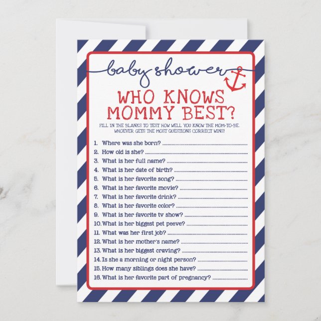 Nautical Baby Shower Game Who Knows Mummy Best Invitation (Front)
