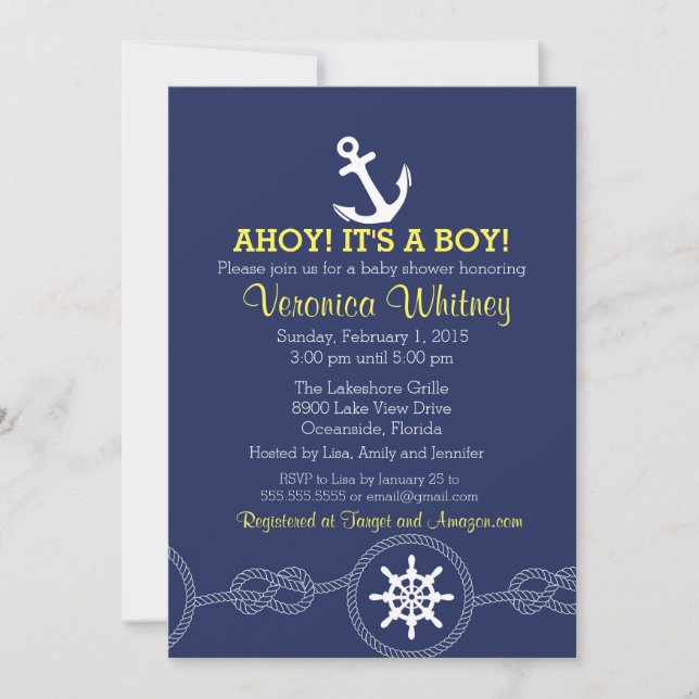 Nautical Baby Shower Invitation, Ahoy! Sailing Invitation (Front)