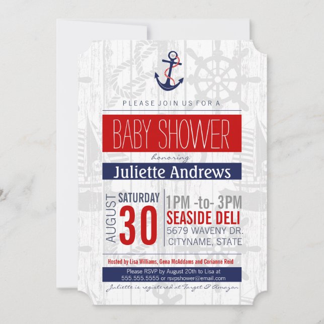 Nautical Baby Shower Invitation, Boy Blue Red Ahoy Invitation (Front)