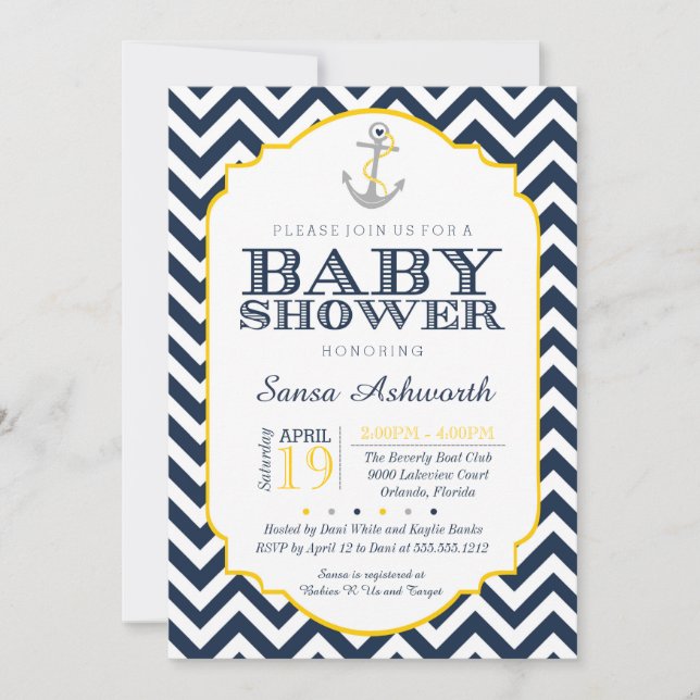 Nautical Baby Shower Invitation, Chevron yellow Invitation (Front)