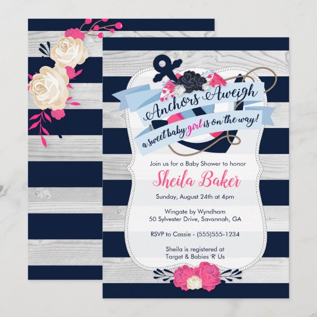Nautical Baby Shower Invitation - Girl (Front/Back)