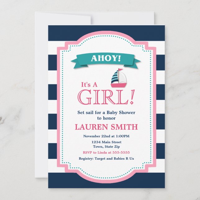 Nautical Baby Shower Invitation Girl Sailboat (Front)