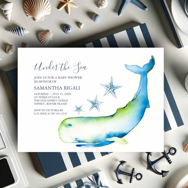 Nautical Baby Shower Invitations Watercolor Whale (Nautical baby shower theme watercolor blue whale art by Victoria Grigaliunas Do Tell A Belle)