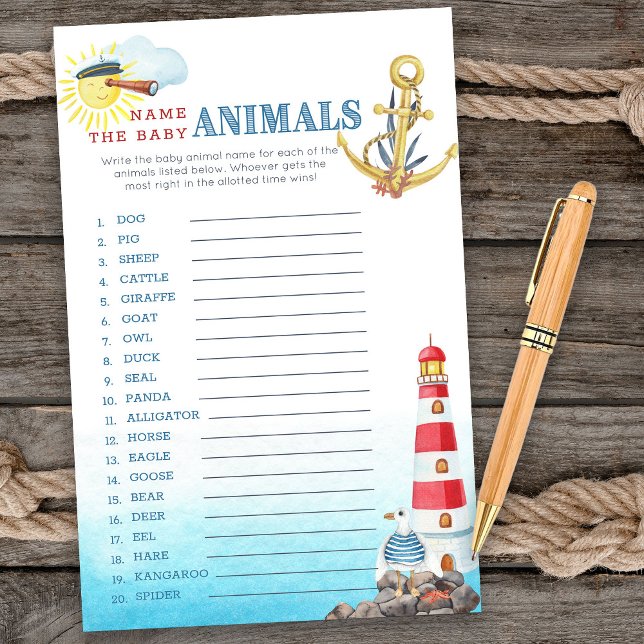 Nautical Baby Shower Name the Baby Animals Game (Baby Animals game card from my Ahoy it's a boy Nautical Baby Shower collection)
