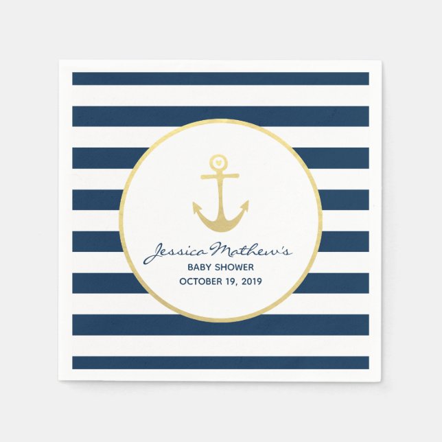 Nautical Baby Shower Navy Gold Anchor Napkin (Front)