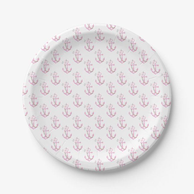Nautical Baby Shower Plates | Pink Floral Anchor P (Front)