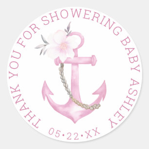Nautical Baby Shower Thank You Sticker   Pink Flor